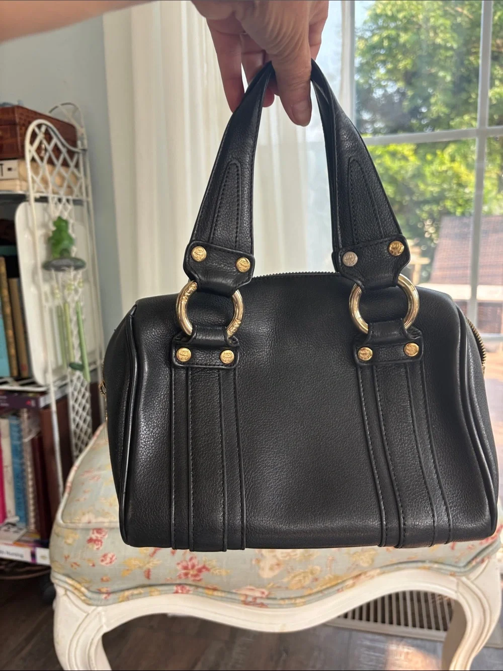 MCM Black Leather Satchel with Gold Hardware Accents